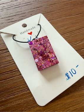 Handmade Pink Glitter Rectangle Pendant Necklace